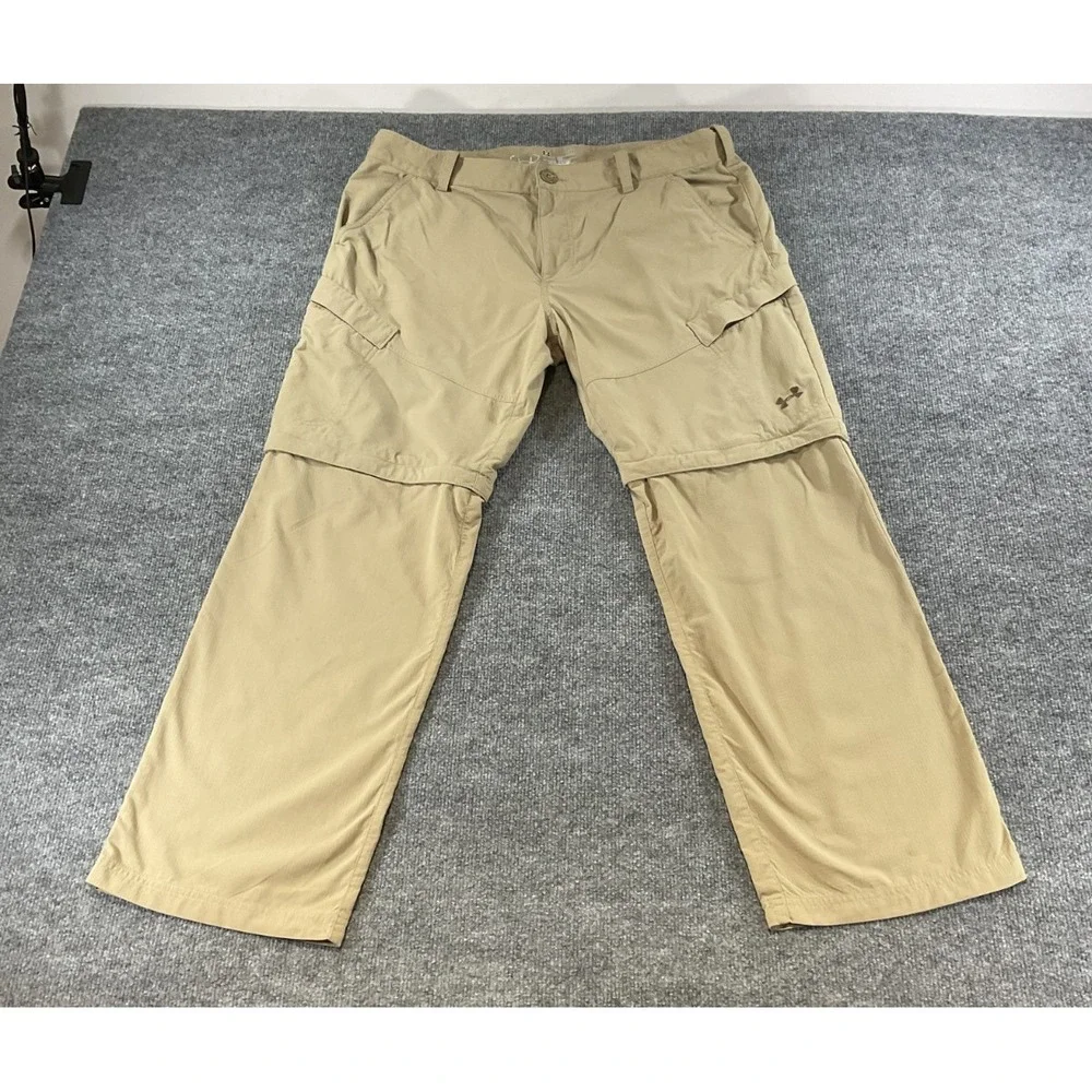 Under Armour Convertible Pants 38x32 Tan Khaki Zip Off Hiking Cargo Lightweight